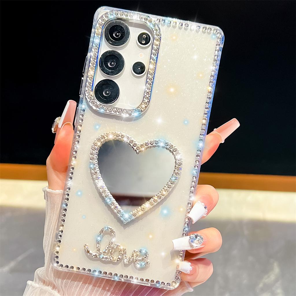 Handmade Sparkly Diamond Heart Mirror IMD Phone Case, Compatible with Samsung S23 Ultra/S24/S25 & A07/A15/A16/A17/A26/A35/A36/A55/A56