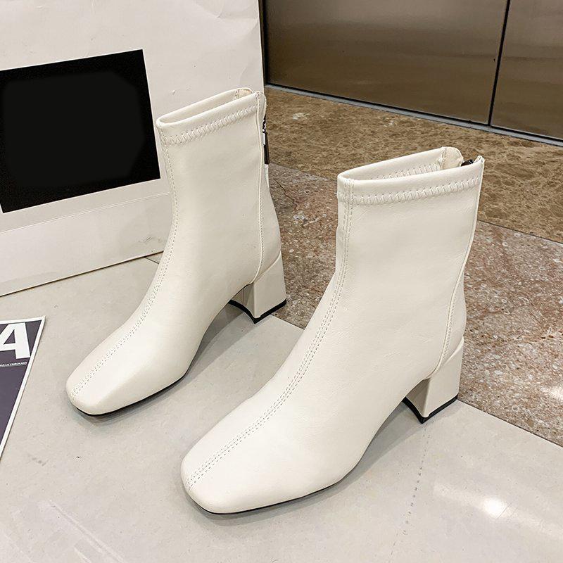 Dames Ensfarget Mote Høye Hæler med Glidelås bak Mote Støvletter Høye Støvletter Lærsko Midhøye Støvletter Damesko