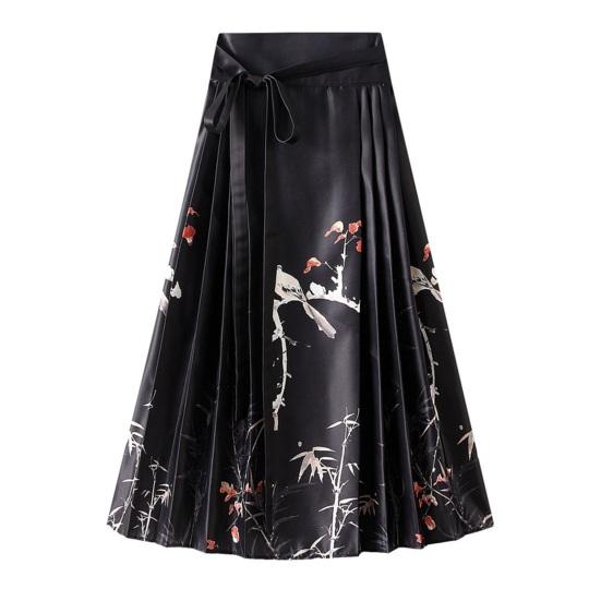 Dámská maxi sukně v čínském stylu Vintage sukně s vysokým pasem Elegantní květinový potisk ptáků Hanfu sukně skládaná šněrovací sukně s koňským obličejem