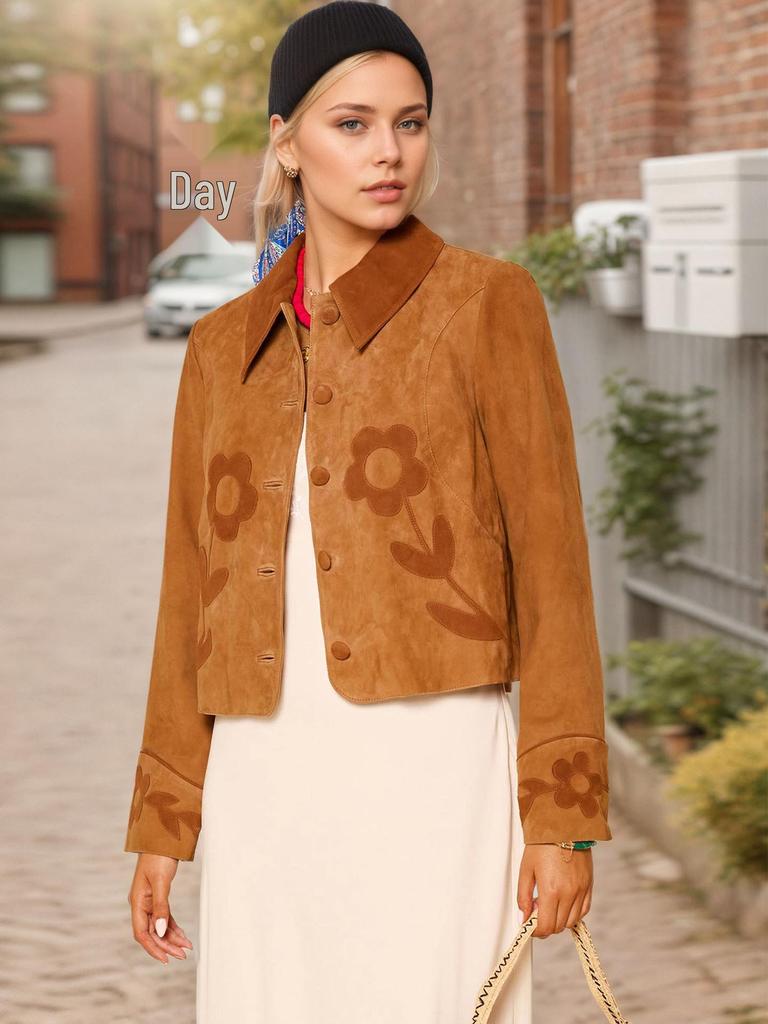 Retro Elegant Suede Flower Embellished Lapel Short Jacket