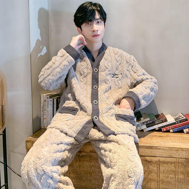 Men's Plus Size Flannel Fleece Home Wear Set - Thickened for Autumn and Winter