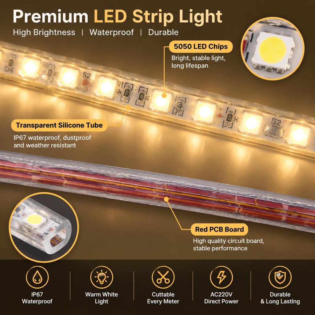 AC220V LED Strip Light IP67 Waterproof Warm White