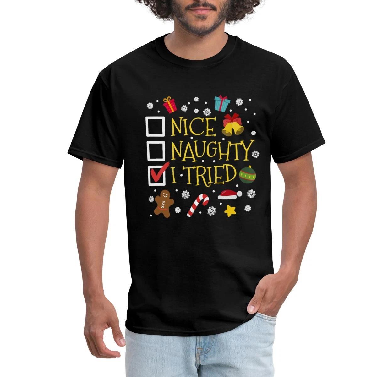 Nice Naughty I Tried Funny Christmas Design Men s T-Shirt XL