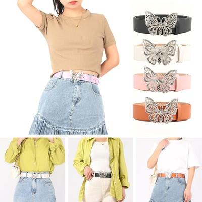 Rhinestones Butterflies Decor Belt Adjustable Length Multi Holes Design Women Waistband Solid Color Belt Costume Accessories