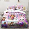Gabbys Dollhouse Characters Bedding Set Cartoon Duvet Cover Pink Bedclothes Single Double Queen King Size For Girl Bed Set