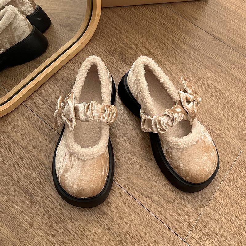 

Милые туфли-бантики женские туфли для улицы 2025 осень и зима домашние на толстой подошве бархатные теплые лоферы хлопковые туфли 40 шампанского