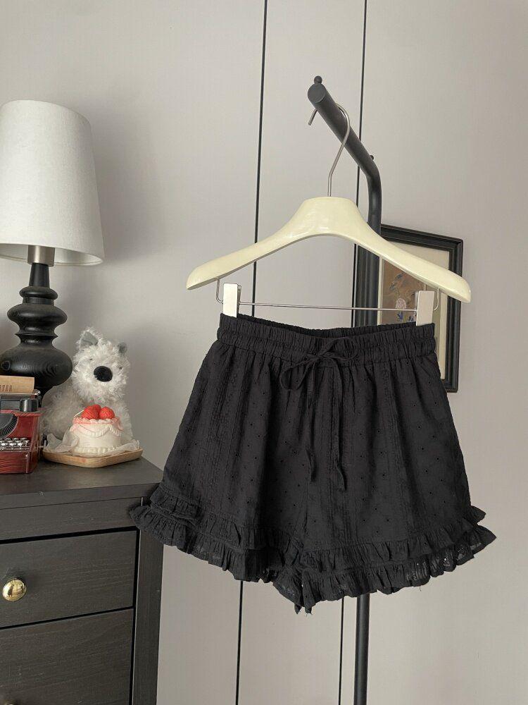 Bestselling Ruffle Lace Embroidery Wide-leg High-Waisted Summer Shorts for Women Extra Large