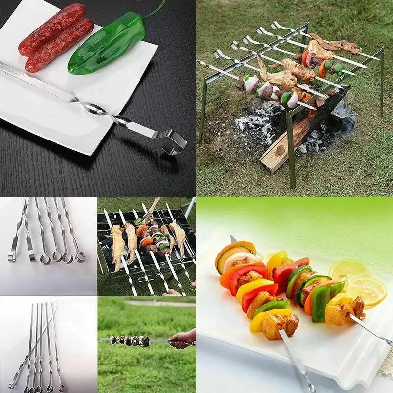 New Practical 10Pcs Stainless Steel BBQ Barbecue Skewer Roast Stick Grilling Kabob Kebab Flat Skewers Needle Wholesale
