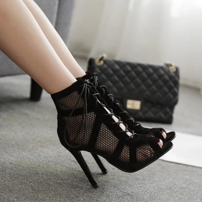 2025 Fashion Basic Sandals Boots Women High Heels Pumps Sexy Hollow Out Mesh Lace-Up Cross-tied Boots Party Shoes Party