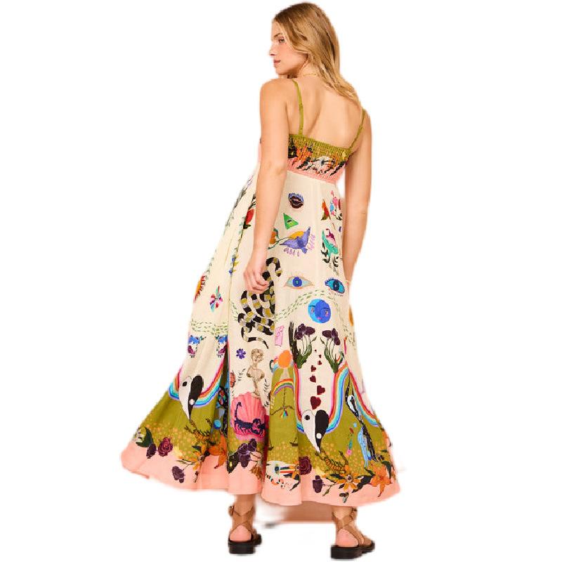 Sexy women's cotton and linen suspender graffiti print sleeveless big swing dress
