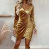 Women Velvet Sequin Wrap Mini Dress Long Sleeve V Neck Ruched Bodycon Dress Glitter Party Cocktail Club Dress