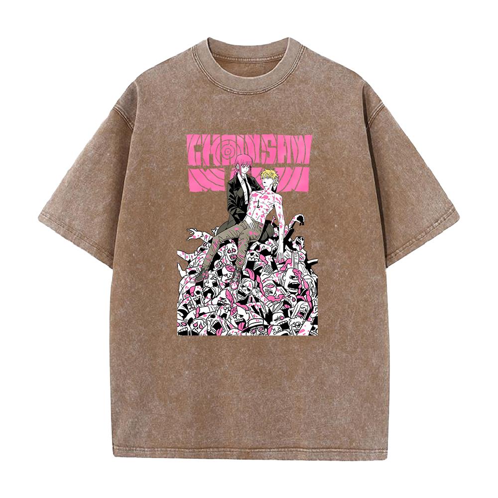 Anime Chainsaw Man Tshirt Denji Makima Print T Shirt Men Women Clothing Short Sleeve Cotton Tee Vintage Washed Oversized Tshirt