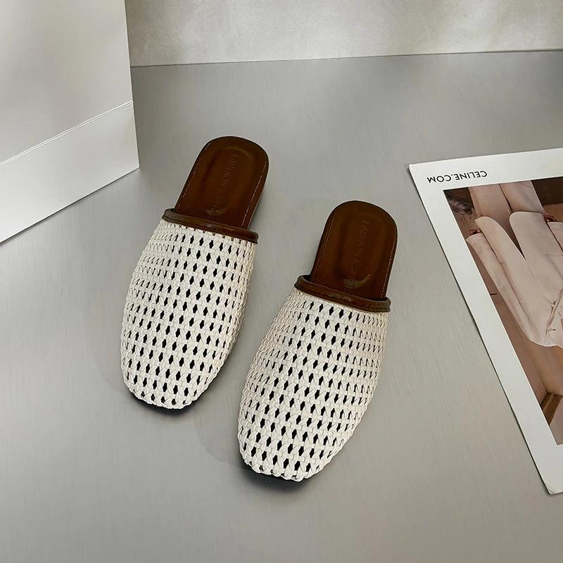 Summer New Women Slip On Mules Shoes Fashion Cane Weave Ladies Sandal Shoes Square Low Heel Outdoor Casual Slipper 35 2524₽