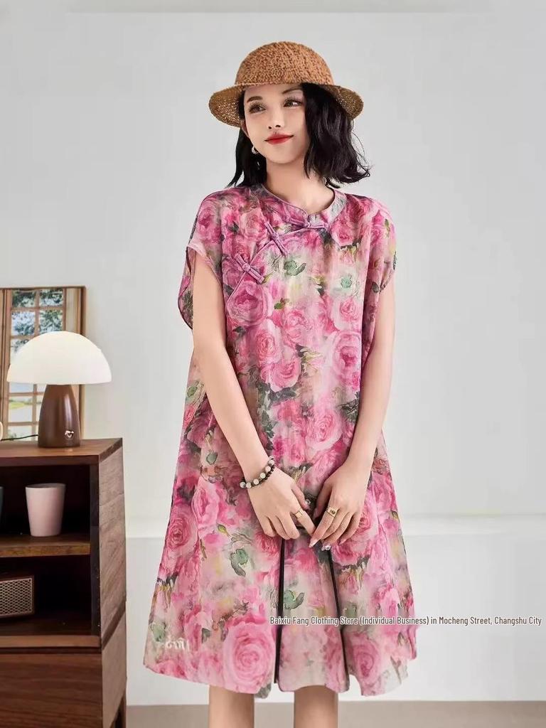 2026 Spring/Summer Women's Elegant Stand Collar Asymmetrical Lapel Shirt with Chinese Tang Dynasty Print