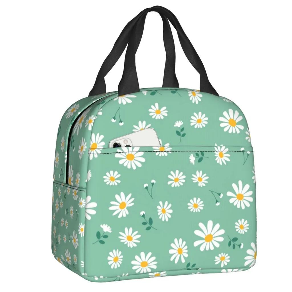 Floral Daisy Print Insulated Lunch Bag for Women Chamomile Flowers Cooler Thermal Lunch Tote Box Portable Picnic Food Bento Bags