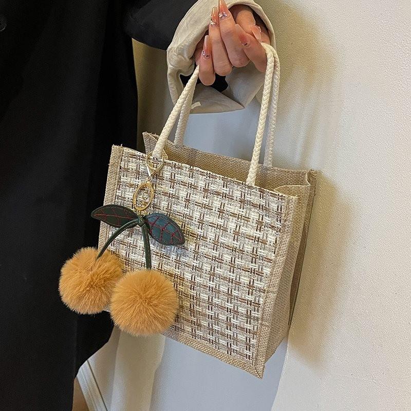 Stilvolle und trendige Leinen-Lunch-Tasche für Damen mit Kirschanhänger und Reißverschluss
