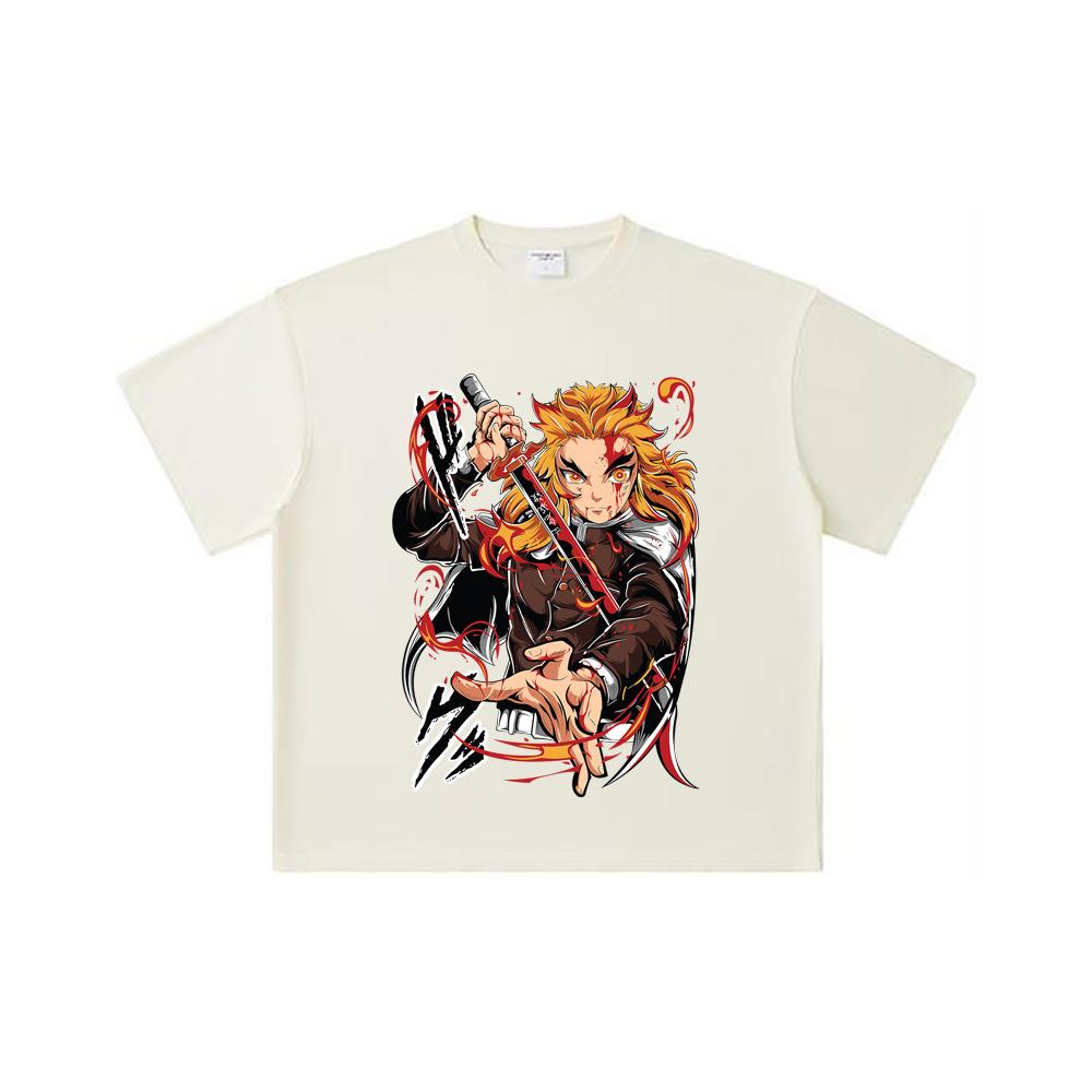 260 GSM Double Yarn 32 Count 100% Cotton Demon Slayer V85 Rengoku Print Unisex Heavy Cotton T Shirt