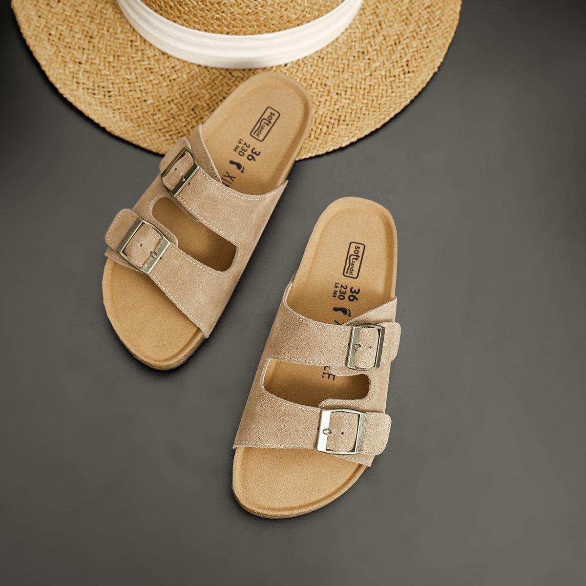 

Cowhide slippers genuine leather Birkenstocks platform slippers beach shoes non-slip summer new outer wear flat one-word cool slippers 43