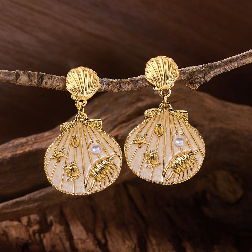 Enamel Shell Starfish Faux Pearl Drop Earrings Ocean Theme Beach Vacation Dangle Earrings Jewelry