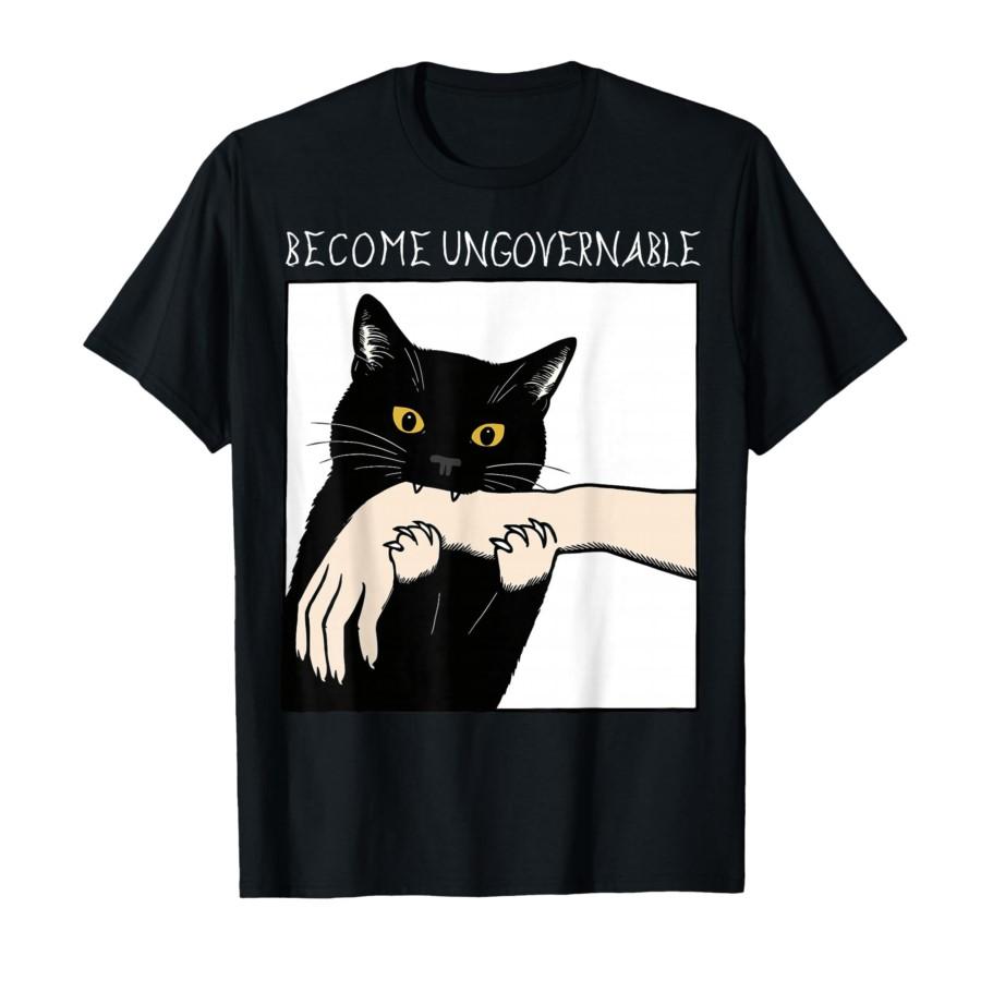 Become Ungovernable - Black Cat Biting Hand Funny Meme T-shirt For Men Women 100% Cotton T Shirts Short Sleeve Tops 1103-1 S