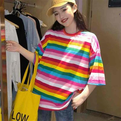 Female's Rainbow Striped Tops Harajuku Tshirt Summer Short Sleeve Korean T-shirt Tops