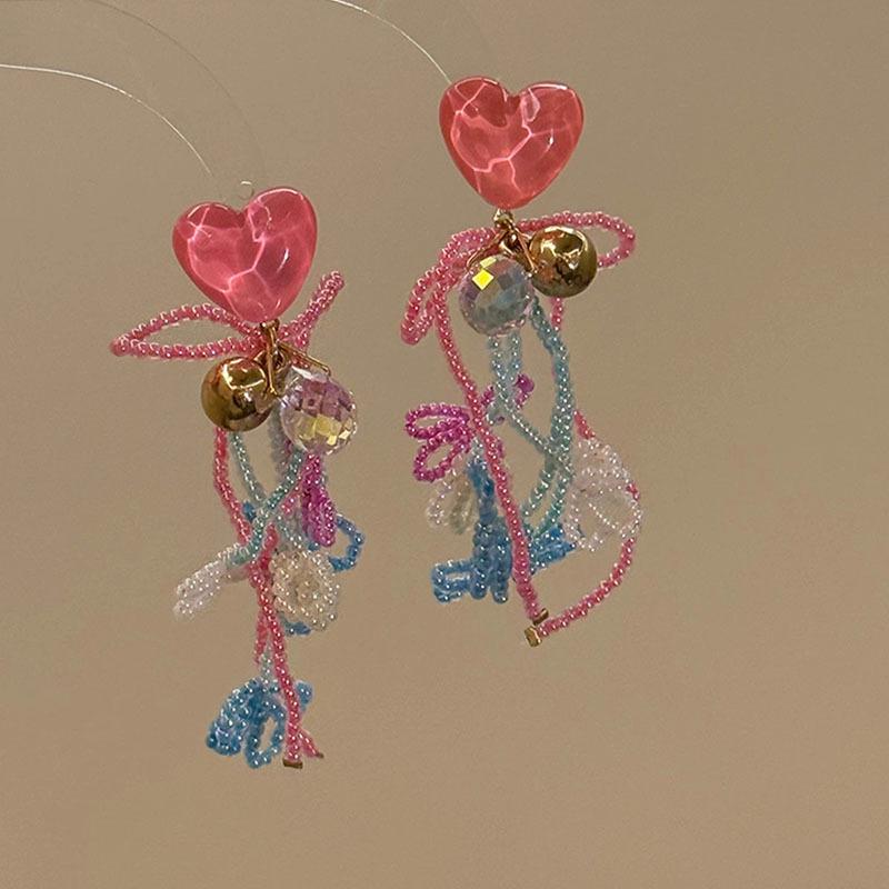 Resin glass rice bead bow fringed earrings fashion super fairy stud earrings light luxury high-end earrings
