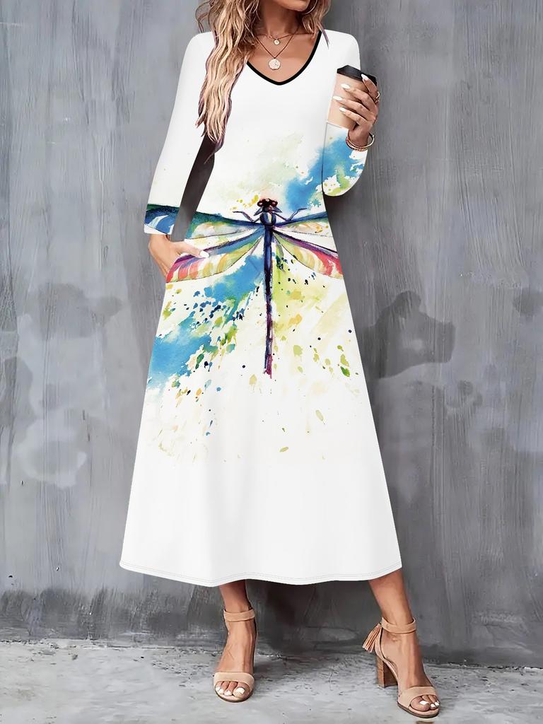 2025 Autumn and Winter New Women Casual Fashion Dress 3D Butterfly Print  Long Sleeve V-Neck A-Line Dresses