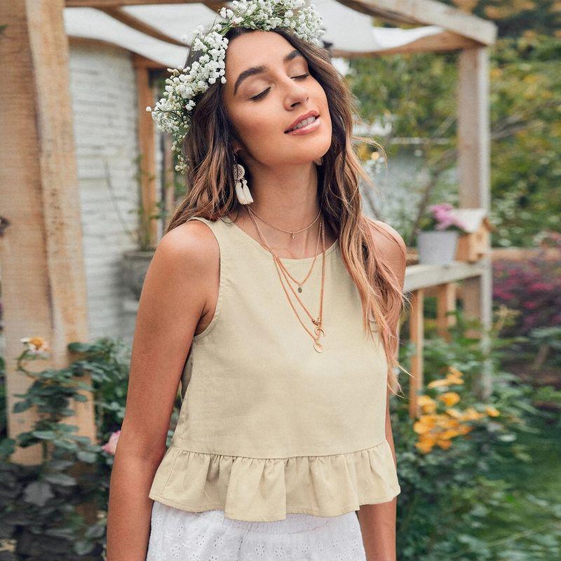 Cross-Border Women s Clothing Sleeveless Lace Top Vest with Pleated Hem, Solid Color Round Neck, and Ruffled Trim 9142-4 Apricot Color L