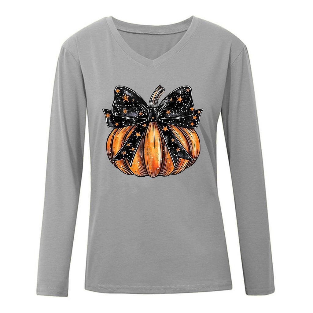 Damen Halloween V-Ausschnitt Kürbisdruck Langarm Oberteil (2025)