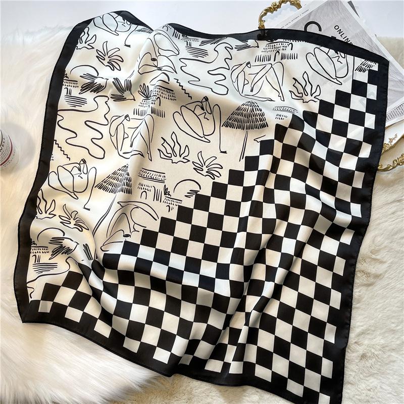 Small Square Checkered Scarf 70Cm Decorative Collar Scarf, Simple Printed Square Scarf, Checkerboard Women S Silk Scarf 70*70cm