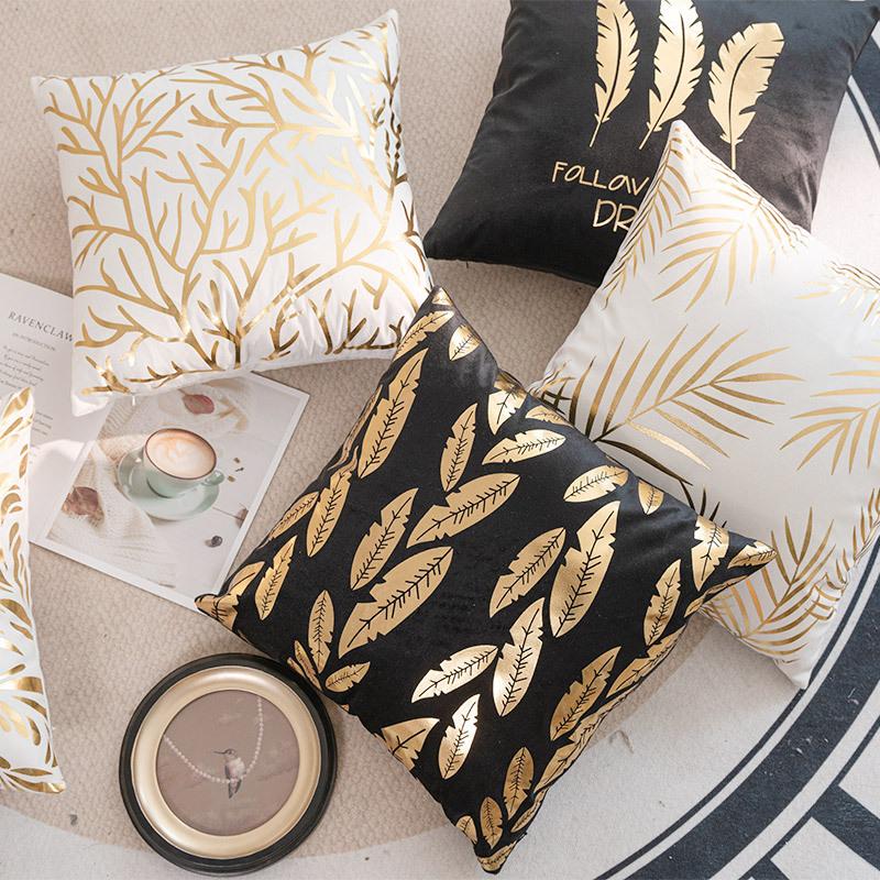 Short Plush Golden Leaf Sofa Cushion Cover, Retro Light Luxury Living Room Bedside Pillow Cover, Hot Stamping Pillow Cover