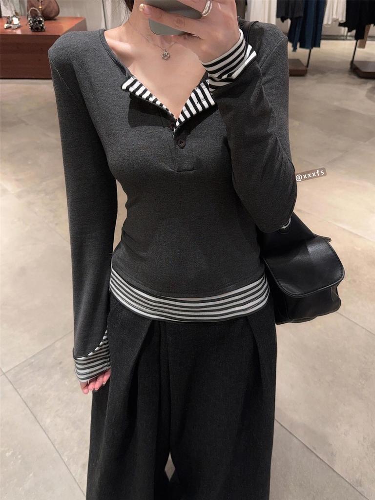 Women's Striped Patchwork Faux Two-Piece Long-Sleeve Shirt - 2025 Autumn Korean Style Slimming Base Layer
