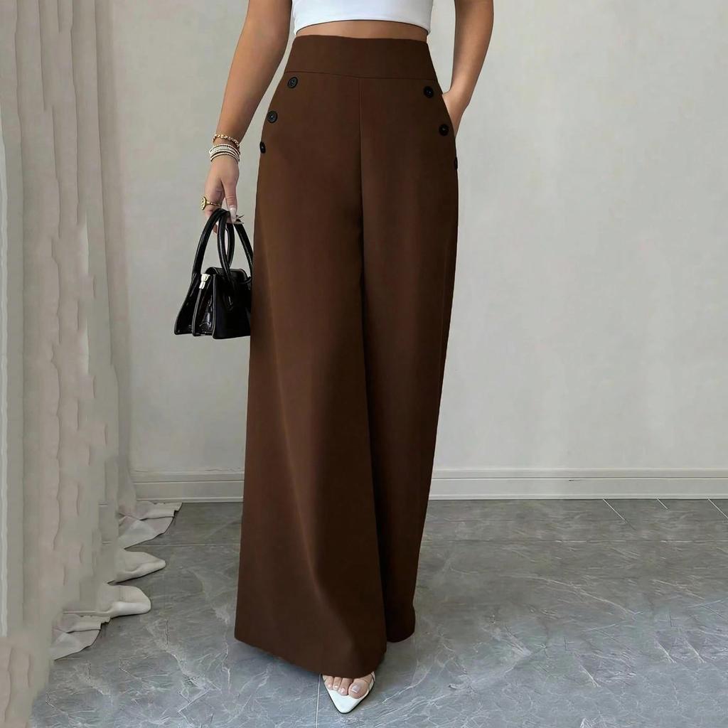 Women High Waist Wide Leg Pants Double Button Loose Fit Straight Leg Trousers Casual Style