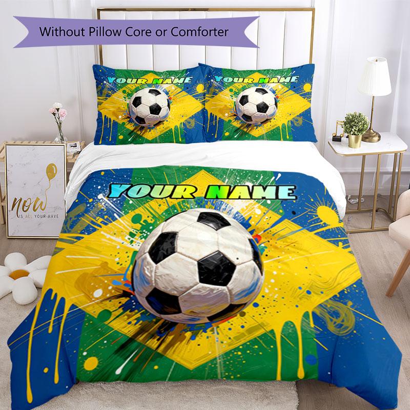 3PC Custom Name Brazilian Soccer Pride Bedding Set Duvet Cover Closure Includes 1 Duvet Cover & 2 Pillowcases for Bedroom