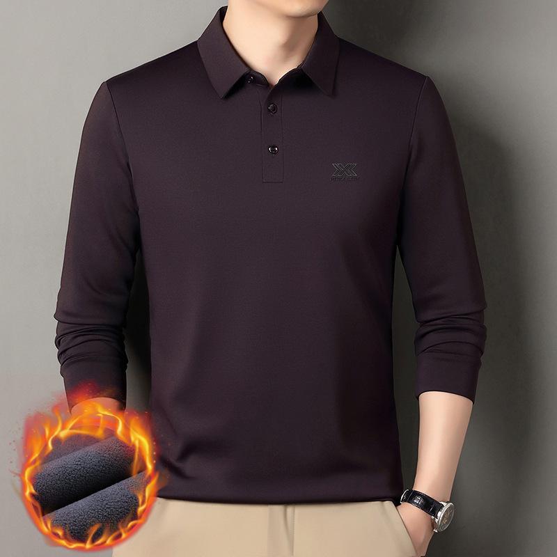 Men's Winter Long Sleeve Polo with Mulberry Silk Lapel, Fleece-Lined, Thickened Business Casual Shirt