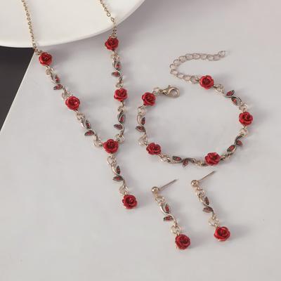 This French-Style Rose Bracelet Set, Paired With A Delicate Red Rose Necklace, Is Perfect For Everyday Wear And Holidays.