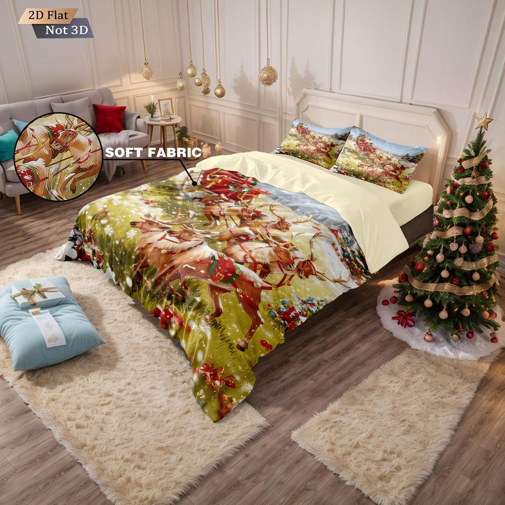 3pcs Christmas Reindeer Print Coreless Duvet Cover Set Multi Size Soft Bedroom Bedding Holiday Decoration Machine Washable