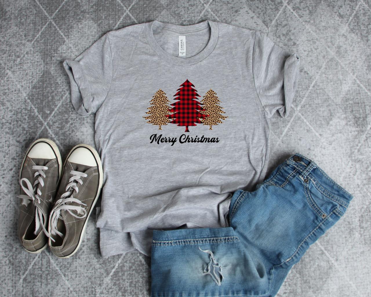 Leopard Buffalo Plaid Christmas Tree Trio T-Shirt Merry Christmas Tee XXXXL