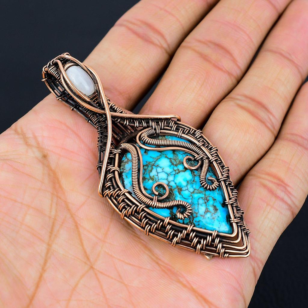 Blue Turquoise, Moonstone Gemstone Pure Copper Wire Wrapped Designer Handmade Pendant Jewelry Gift For Her