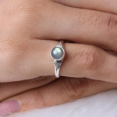 Labradoriet Ronde edelsteen Handgemaakte Designer Boho Ring, Zilveren Bedel Sieraden, 925 Sterling Zilver, Bezel Ring