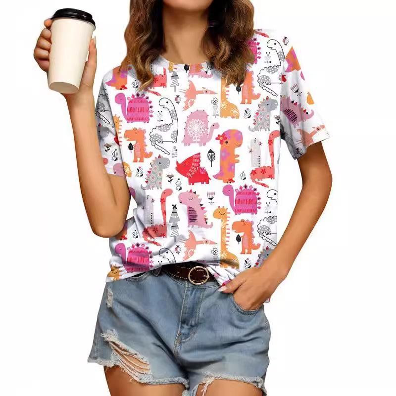 Cute Dinosaur Pattern 3D Digital Print Women's Fashionable Round Neck Short Sleeved T-shirt