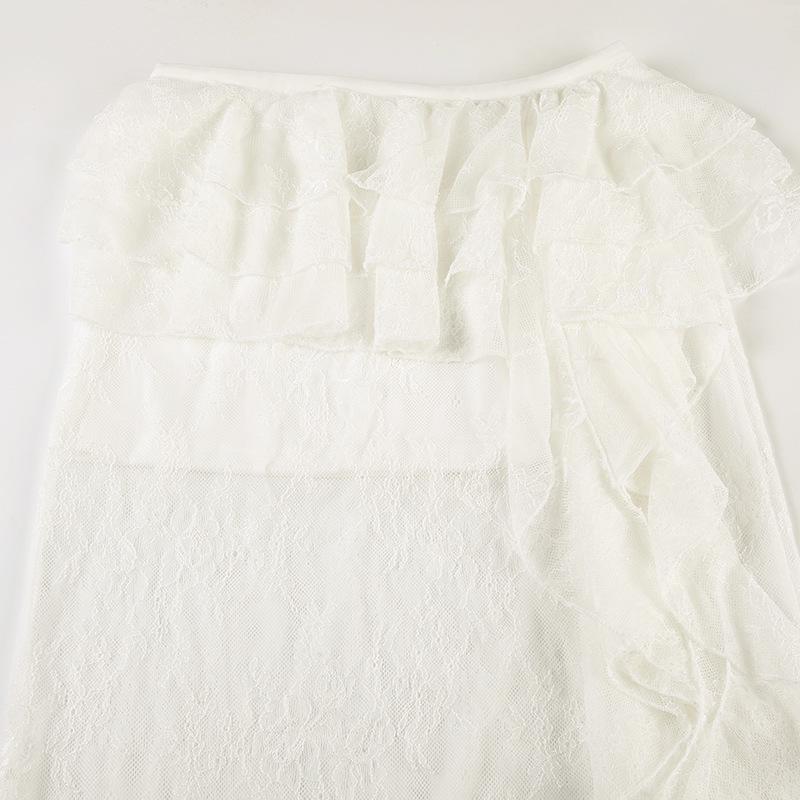2025 Women's White Ruffled Lace Half Skirt, Holiday Style, Sexy & Slightly Sheer, Irregular Design