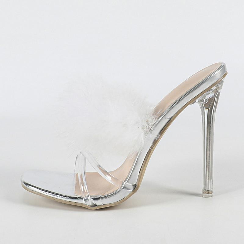 Fashion Liyke Summer Fashion White Feather Fur Women Jelly Slippers Perspex Clear High Heels Party Prom Shoes PVC Transparent Sandals
