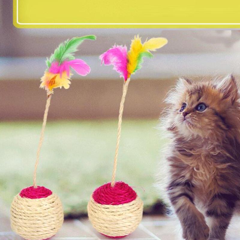 New! Pet Sisal Scratching Ball Colorful Feather Training Interactive Toy Pet Cat Supplies (random Color)