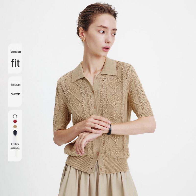 Navigare Women's Short Sleeve Cable Knit Polo Cardigan Top