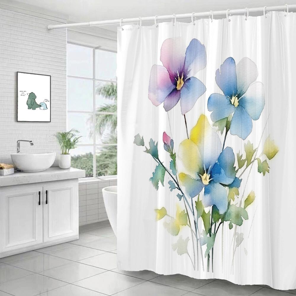 Watercolour Flower White Shower Curtain Simple Style 3D Plant Flowers Waterproof Polyester Bathroom Curtains Bath Screen Decor