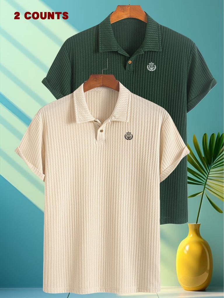 2pcs GL Print Pattern Men's Golf Polo Shirts, Short Sleeve Men's Work Shirt Casual Comfortable Soft Knit Lapel Collar, Ideal for Daily Business Wear