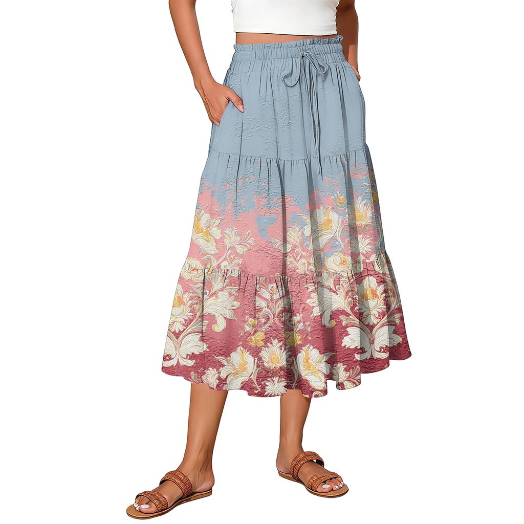 Womens Maxi Skirt Drawstring High Waisted Summer Long Skirts Lightweight Tiered Flowy Floral Pleated Skirts
