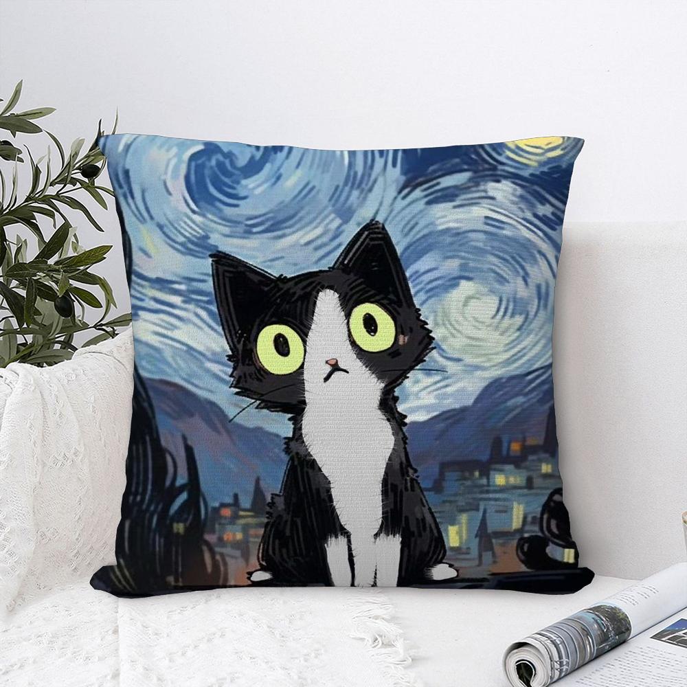 Van Gogh Starry Sky Cat Pillow Case Sofa Decorative Home Double-sided Print Plush Square Throw Pillow Covers Cushion Decor Cover