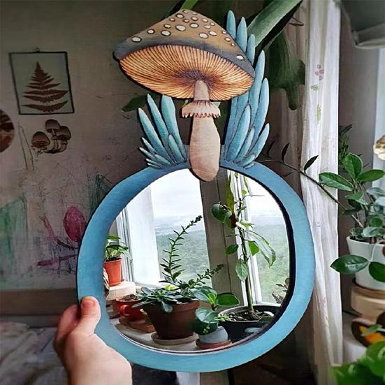 Specchio dal design unico, facile da appendere, vintage, accuratamente lucidato, a forma di fungo, regalo perfetto, attraente specchio in legno a forma di fungo per soggiorno